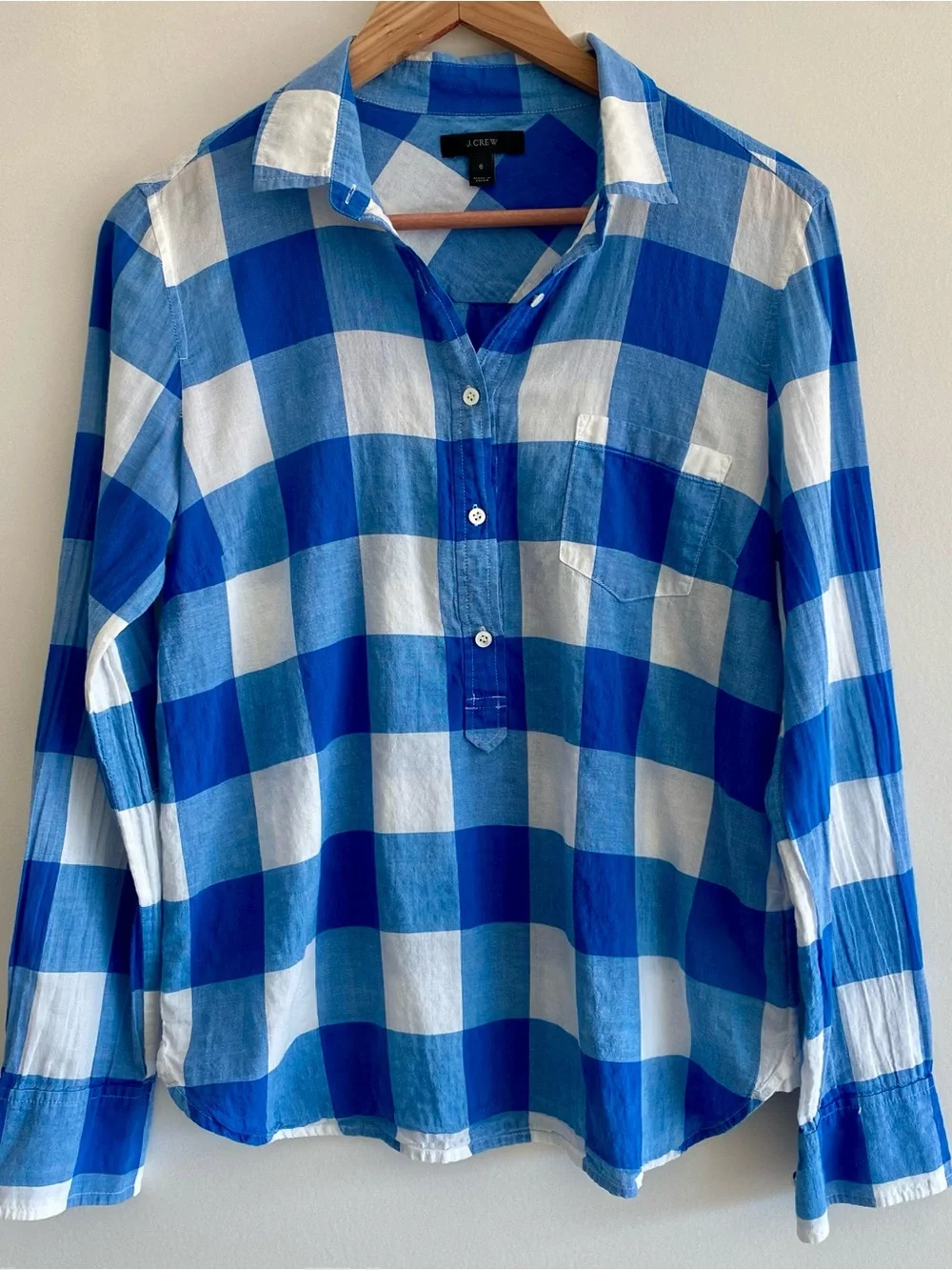 J.Crew Blue White Buffalo Plaid Popover Henley Top Shirt, size 6